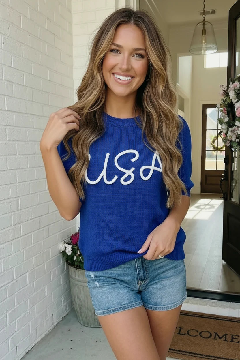 Blue USA Script Knit Sweater Patriotic Top