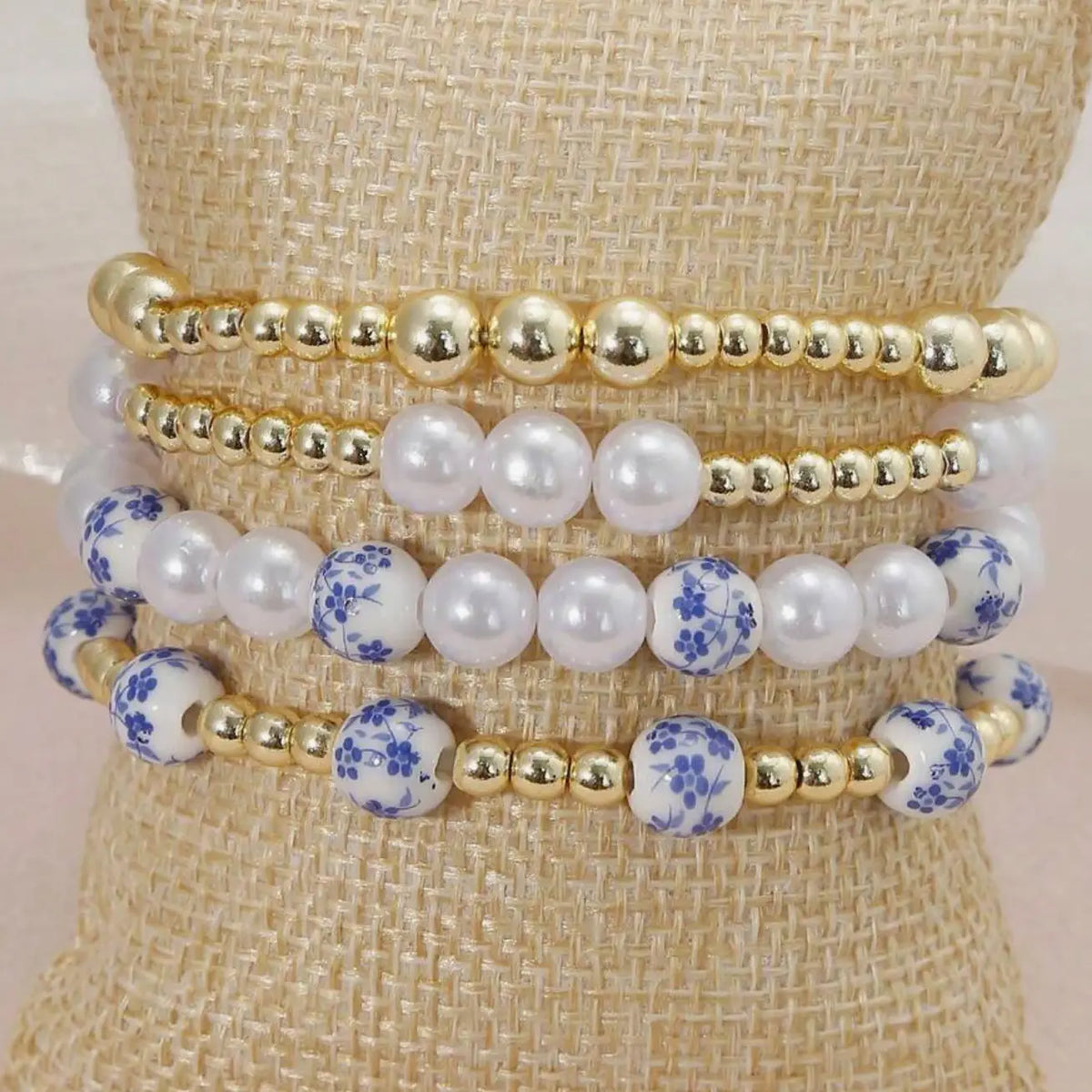 Blue Porcelain Pearl Bracelet Stack