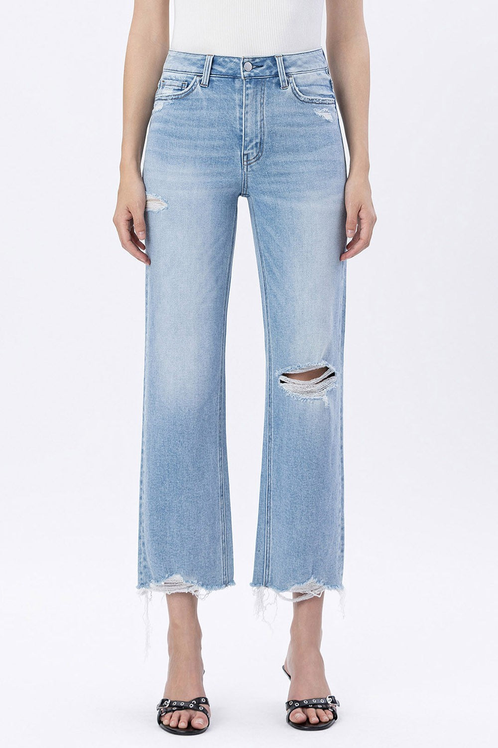 High Rise Distressed Crop Slim Wide Jeans