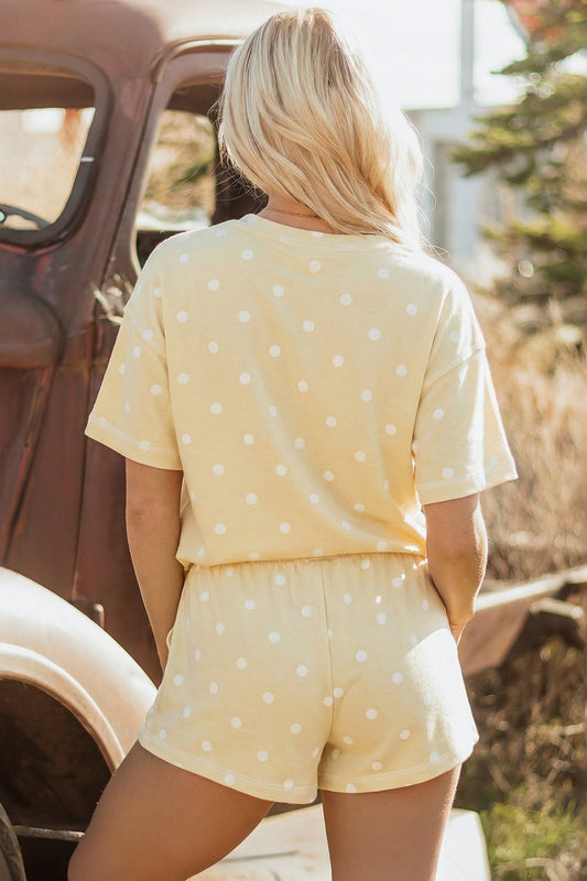Exposed Seam Polka Dot Loose Tee Drawstring Shorts Set