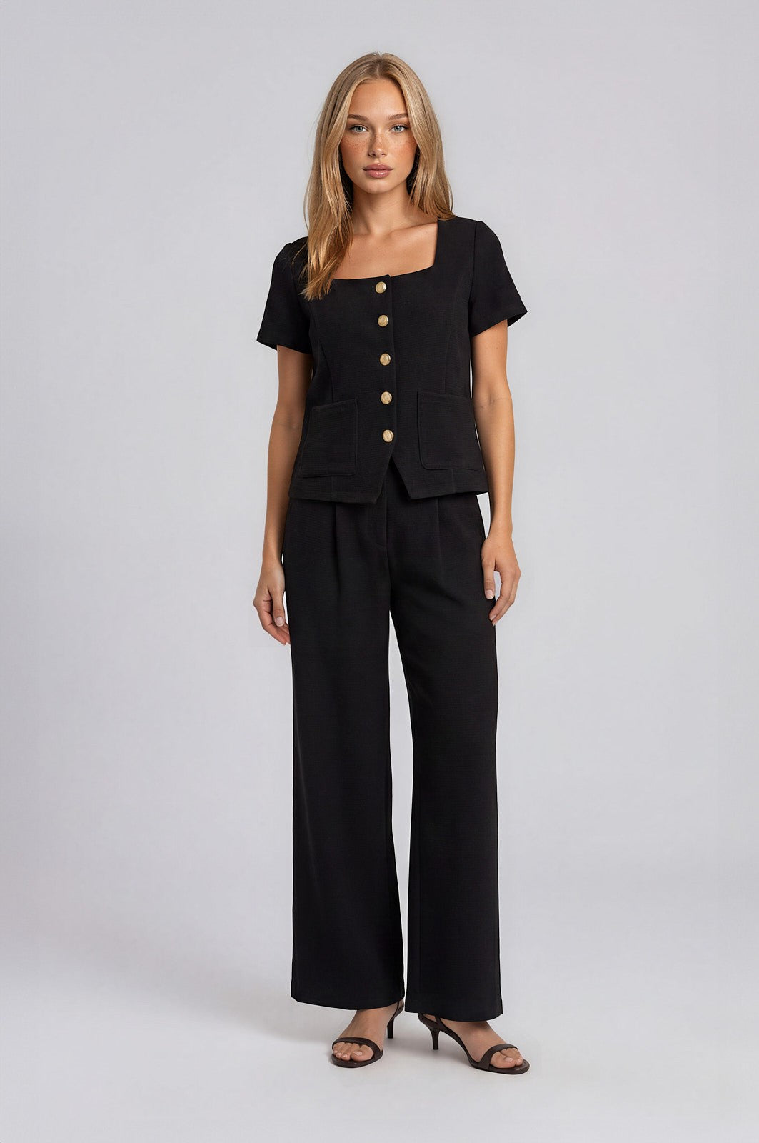 Square Neck Short Sleeve Patch Pocket Button Down Top