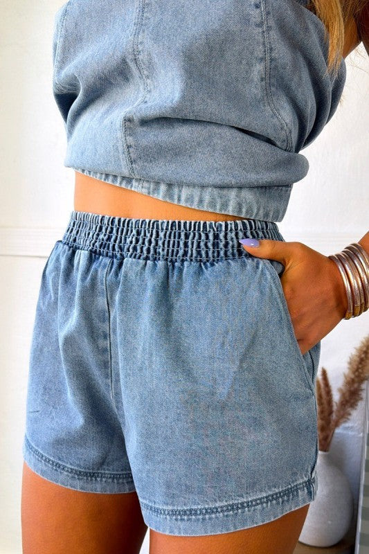 Flowy Sleeveless Denim Style Short Set