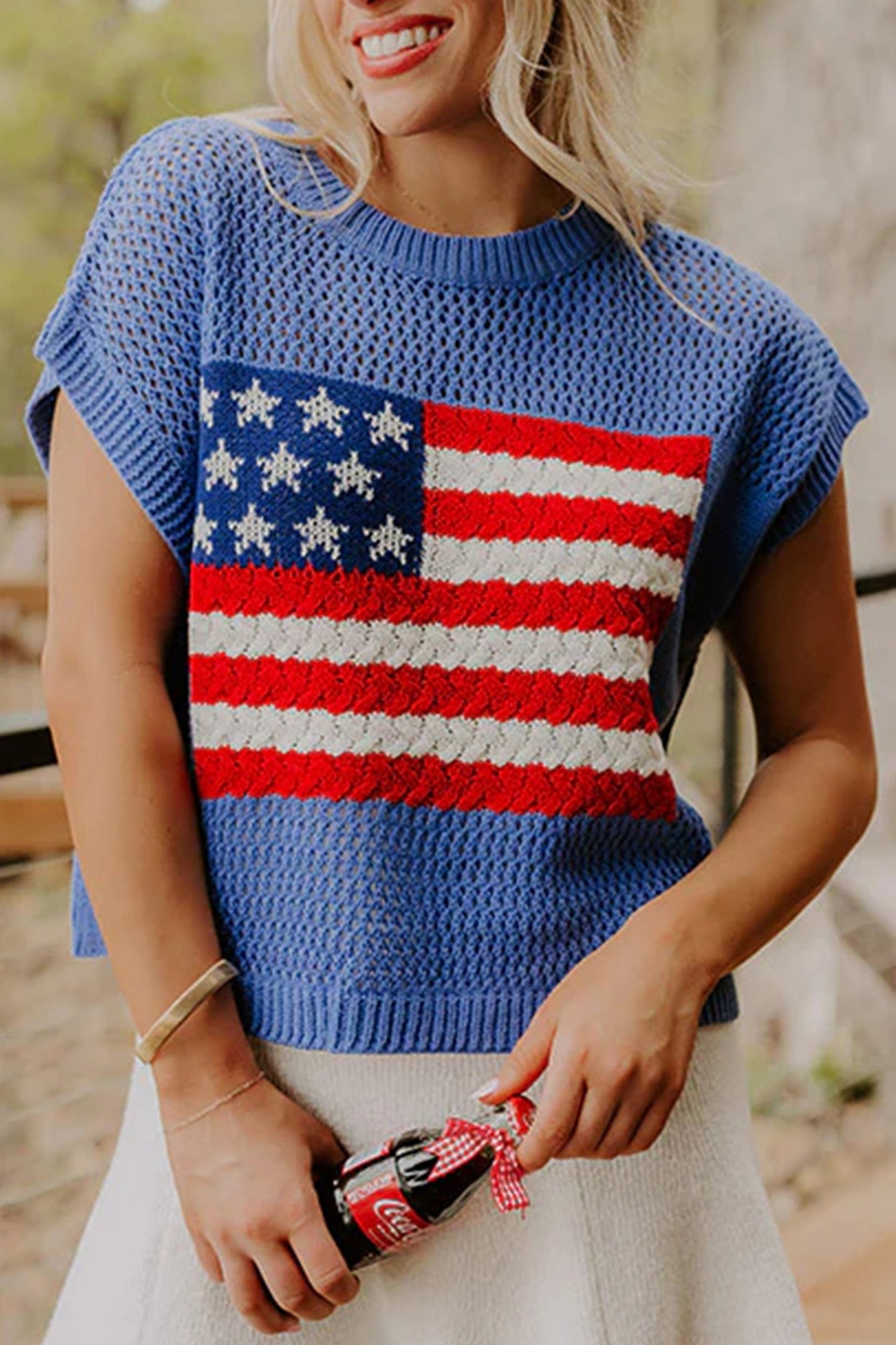 Flag Knit Sweater Top Patriotic Short Sleeve Pullover
