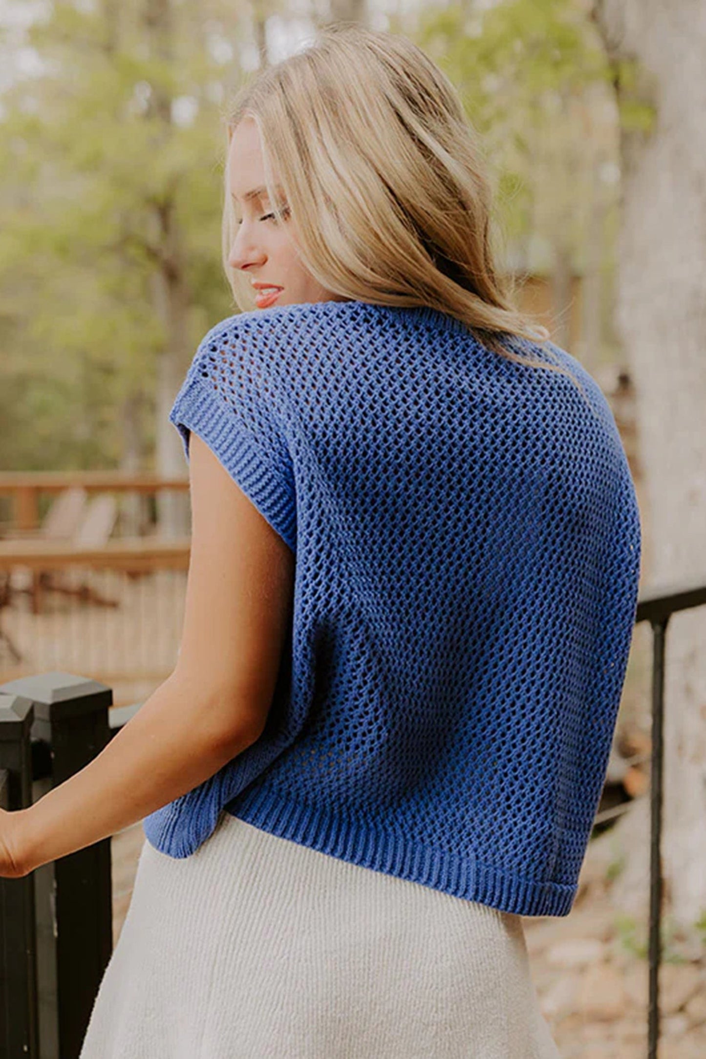 Flag Knit Sweater Top Patriotic Short Sleeve Pullover