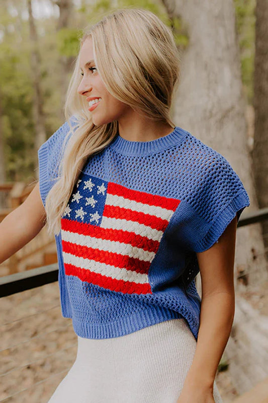 Flag Knit Sweater Top Patriotic Short Sleeve Pullover