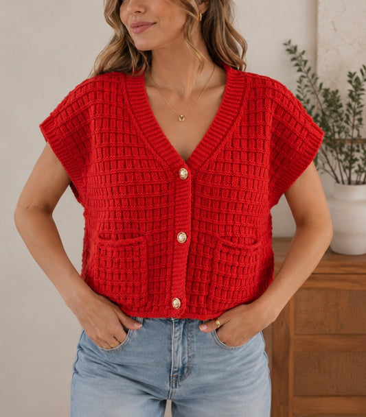 Waffle Knit Button Front Sweater Vest