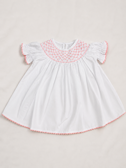 White and Pink Smocked Bishop Dress