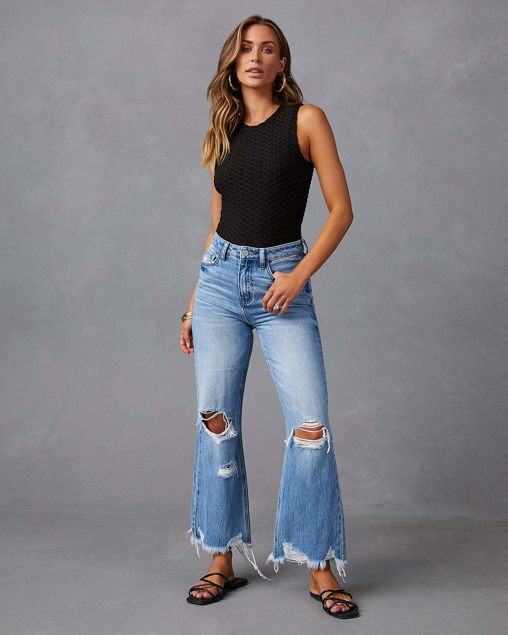 High-Waisted Distressed Denim Wide Leg Jeans
