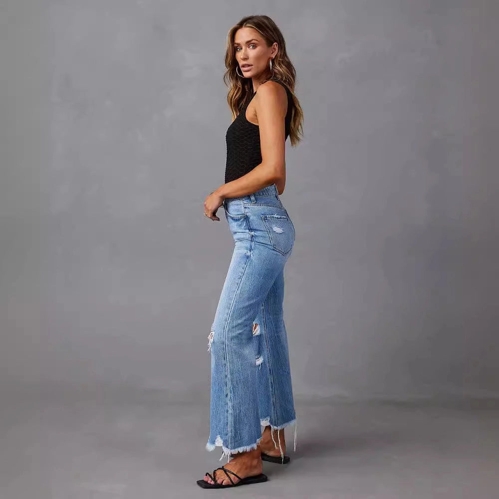 High-Waisted Distressed Denim Wide Leg Jeans