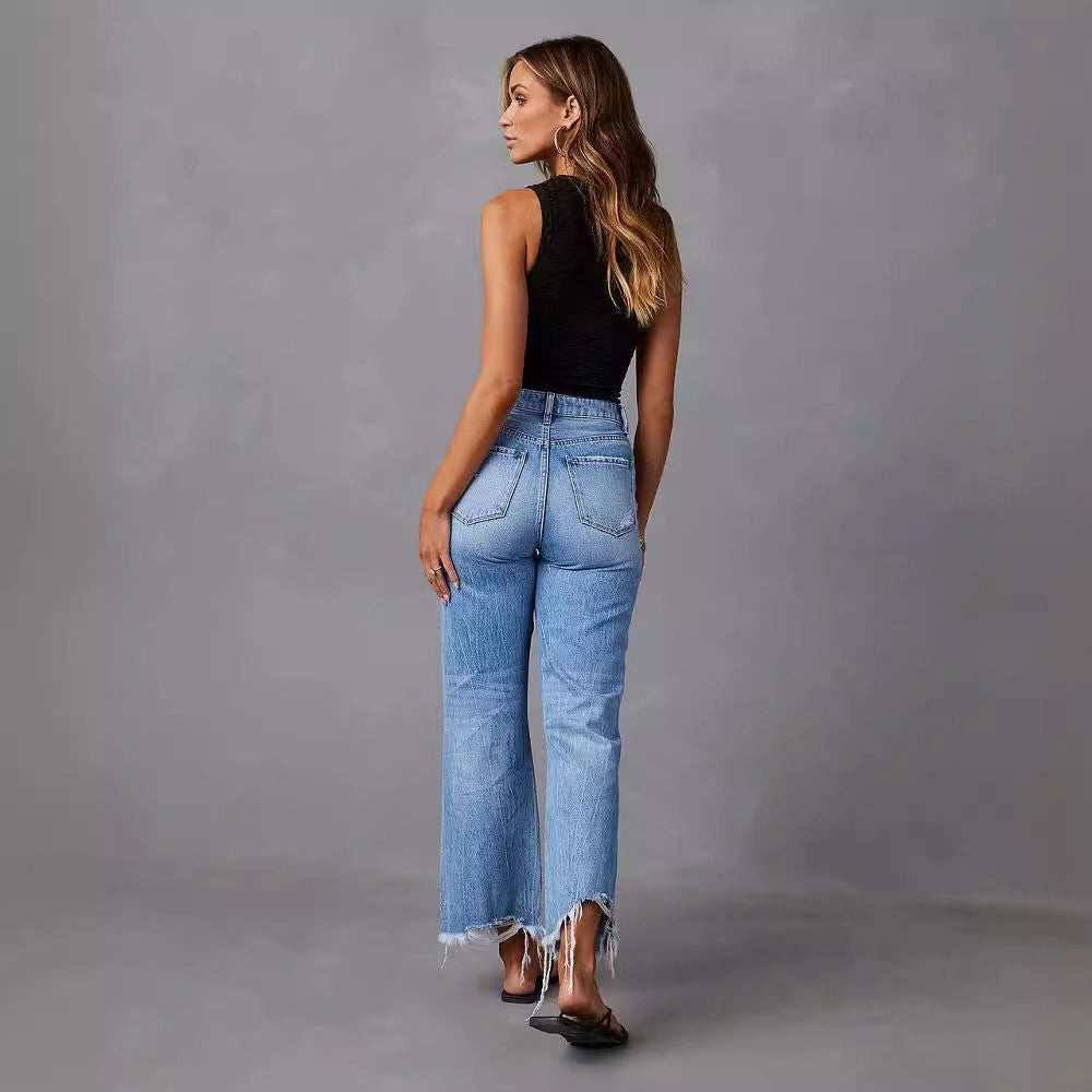 High-Waisted Distressed Denim Wide Leg Jeans
