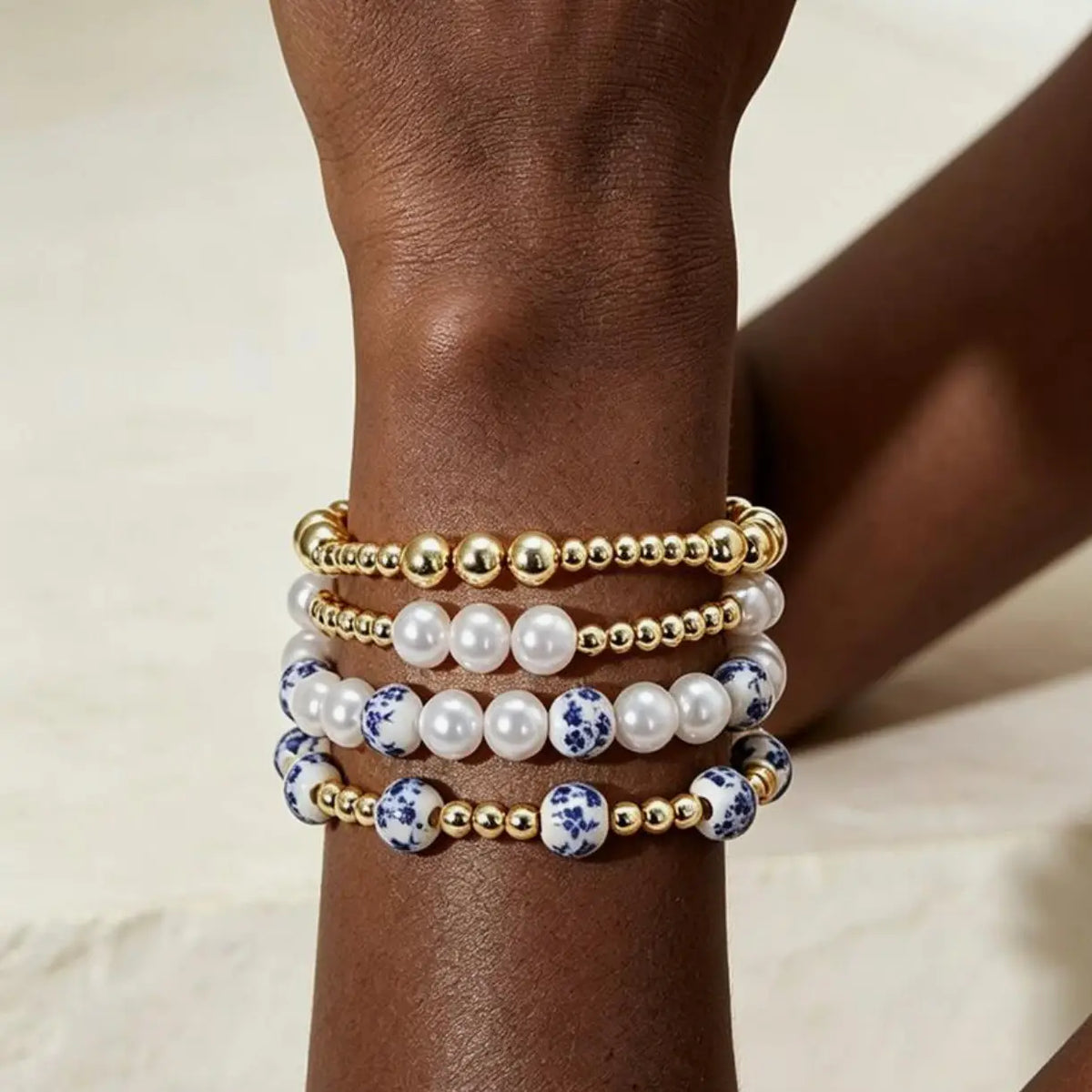Blue Porcelain Pearl Bracelet Stack
