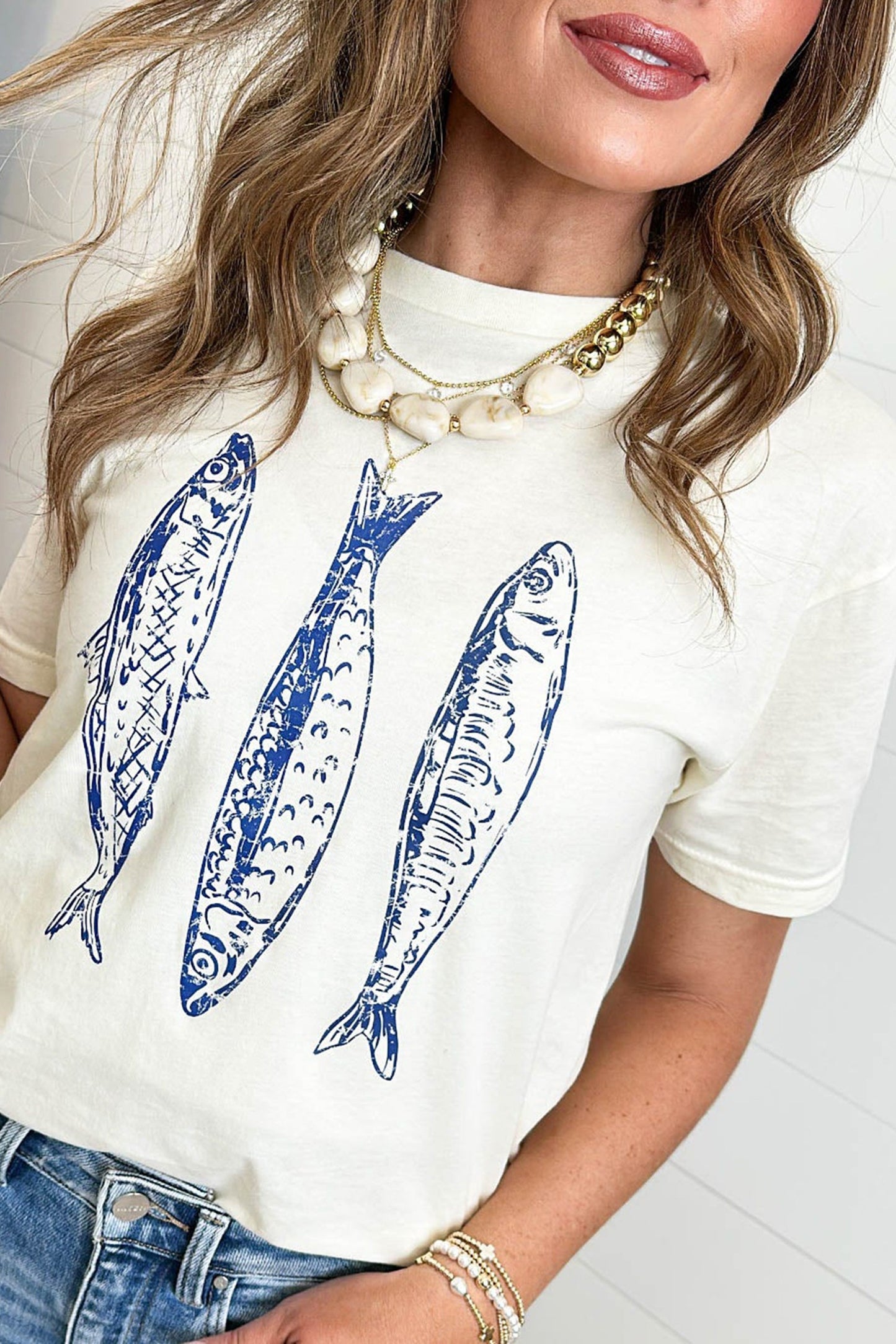 Fish Print Short Sleeve Round Neck T Shirt