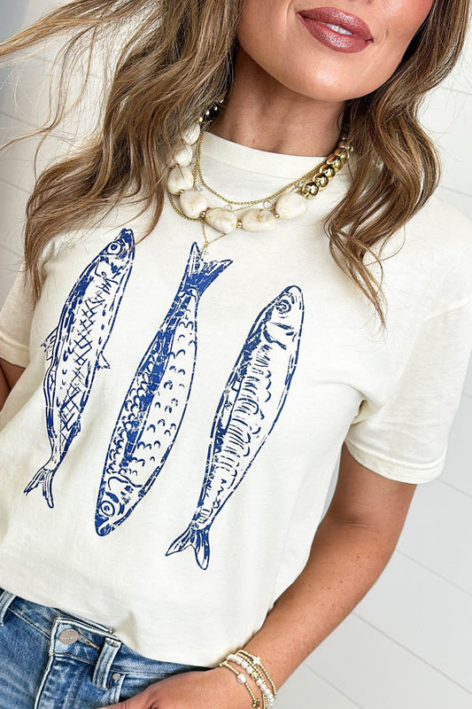 Fish Print Short Sleeve Round Neck T Shirt