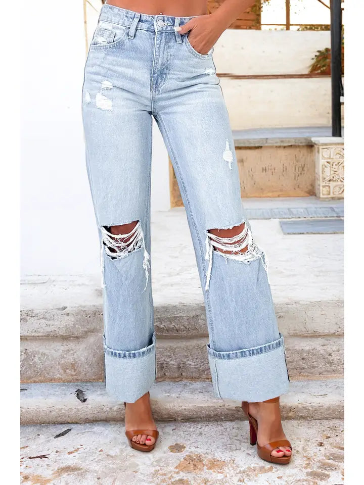 Timeless Stretchy Light Wash Distressed Flare Jeans