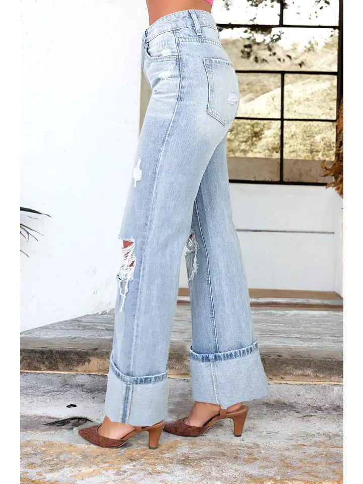 Timeless Stretchy Light Wash Distressed Flare Jeans