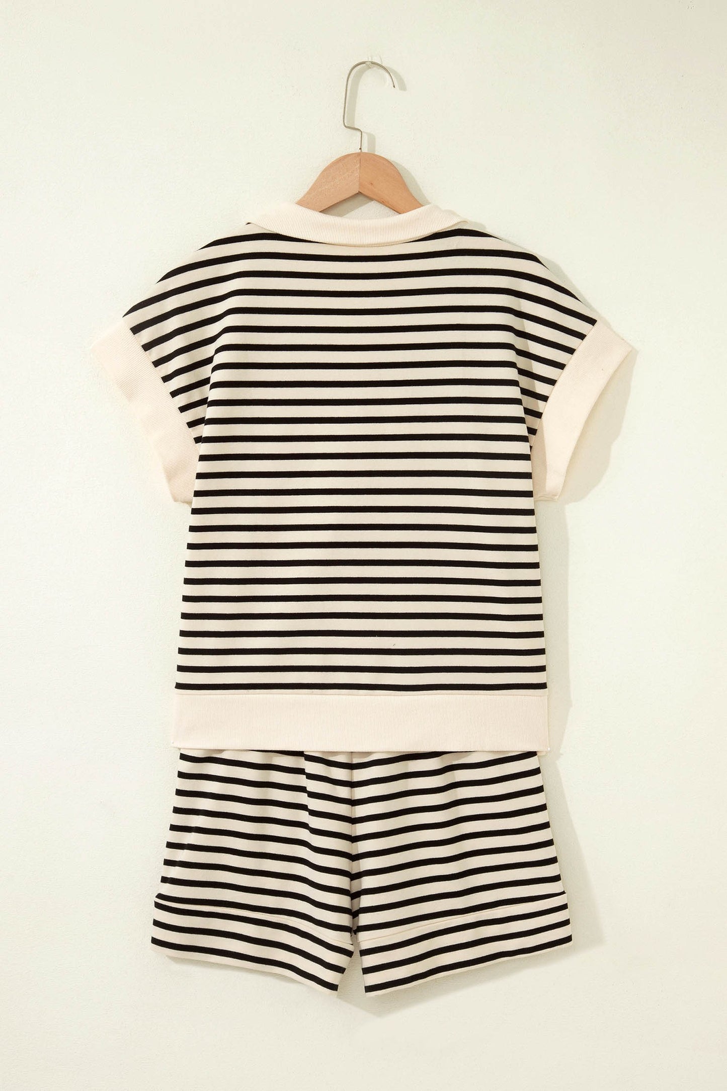 Ribbed Trim Zip Polo Tee Drawstring Shorts 2pcs Outfit