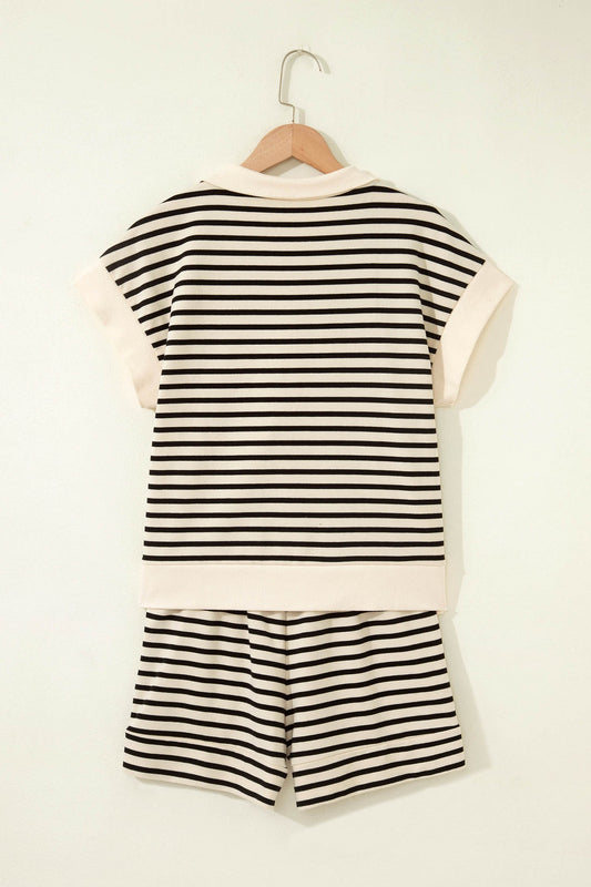 Ribbed Trim Zip Polo Tee Drawstring Shorts 2pcs Outfit