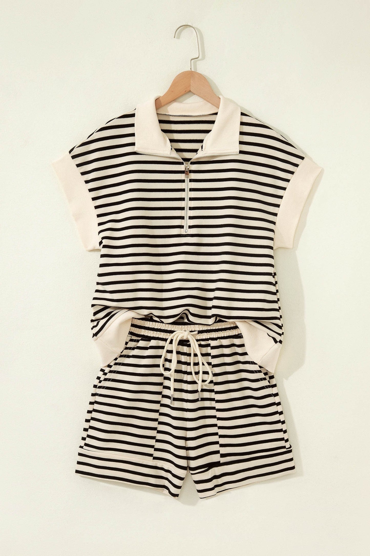 Ribbed Trim Zip Polo Tee Drawstring Shorts 2pcs Outfit