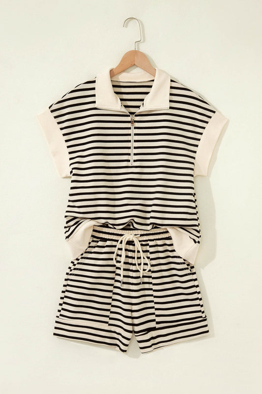 Ribbed Trim Zip Polo Tee Drawstring Shorts 2pcs Outfit