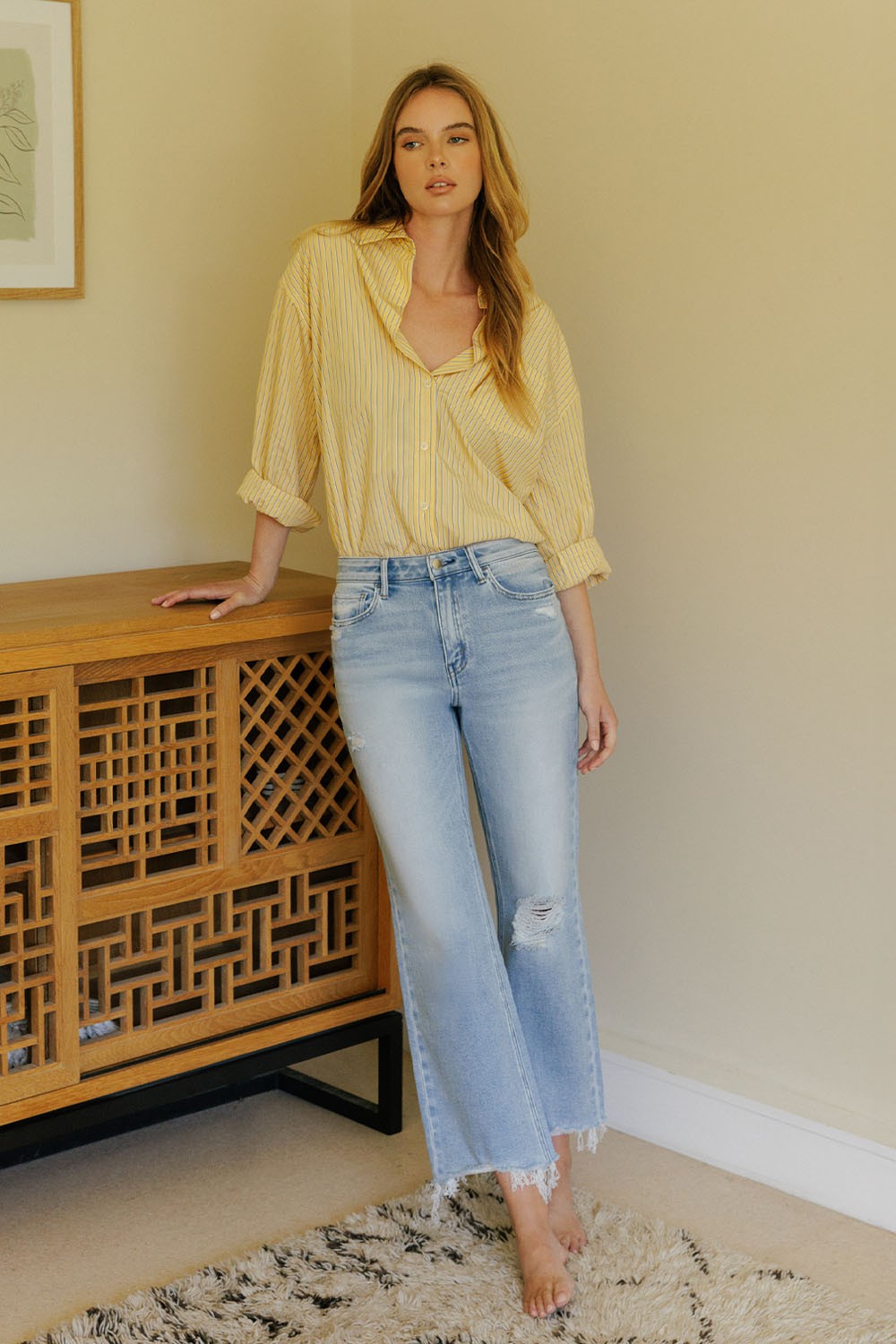 High Rise Distressed Crop Slim Wide Jeans