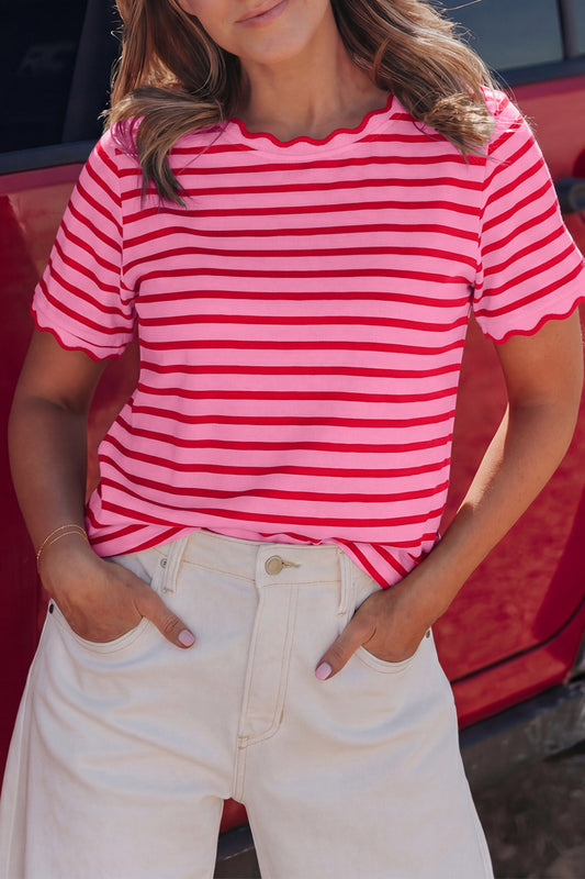 Stripe Scalloped Trim Round Neck T Shirt