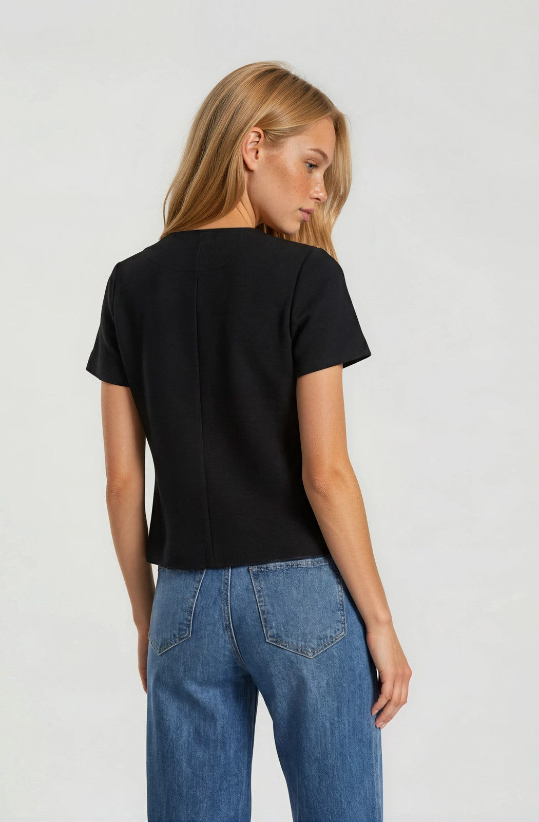 Square Neck Short Sleeve Patch Pocket Button Down Top
