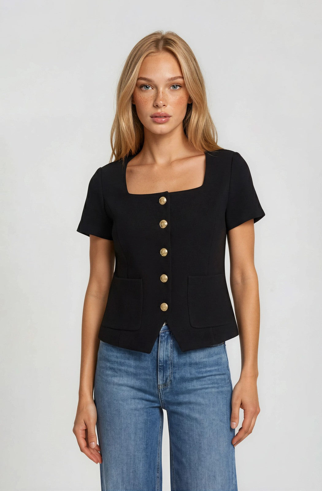 Square Neck Short Sleeve Patch Pocket Button Down Top